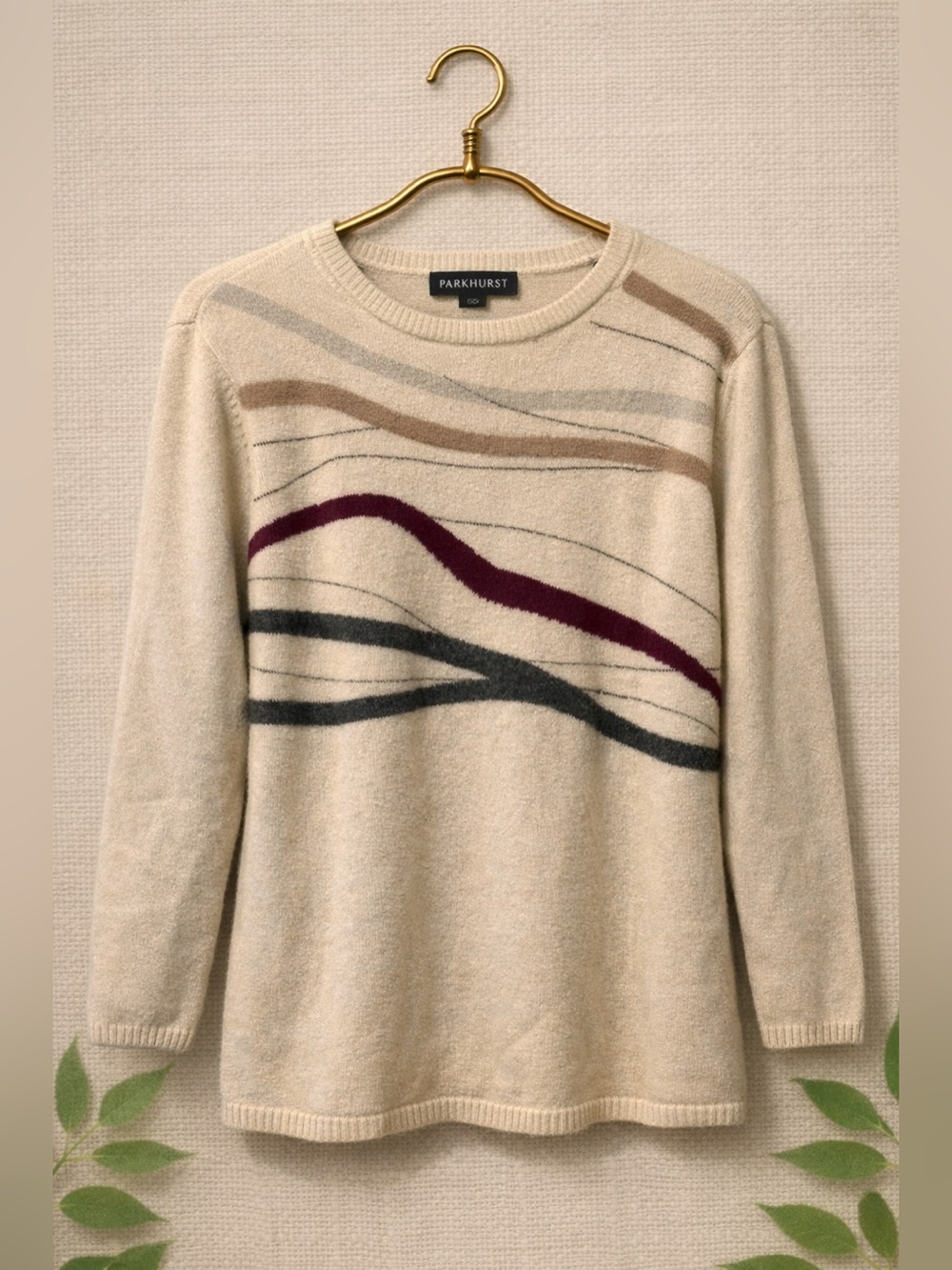 Parkhurst Cream Sweater with Abstract Stripe Design – Size M, Cotton Knit